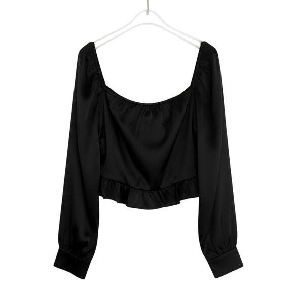 Forever 21 Black Satin Long Sleeve Cropped Tie Front Top Size Medium - Picture 4 of 6